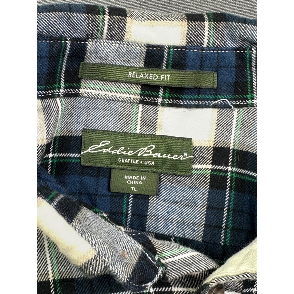 Eddie Bauer Men's Relaxed Fit Plaid Flannel Shirt Blue Green White Tall Large TL